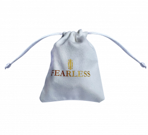 white suede pouch gold logo fearless jewellery